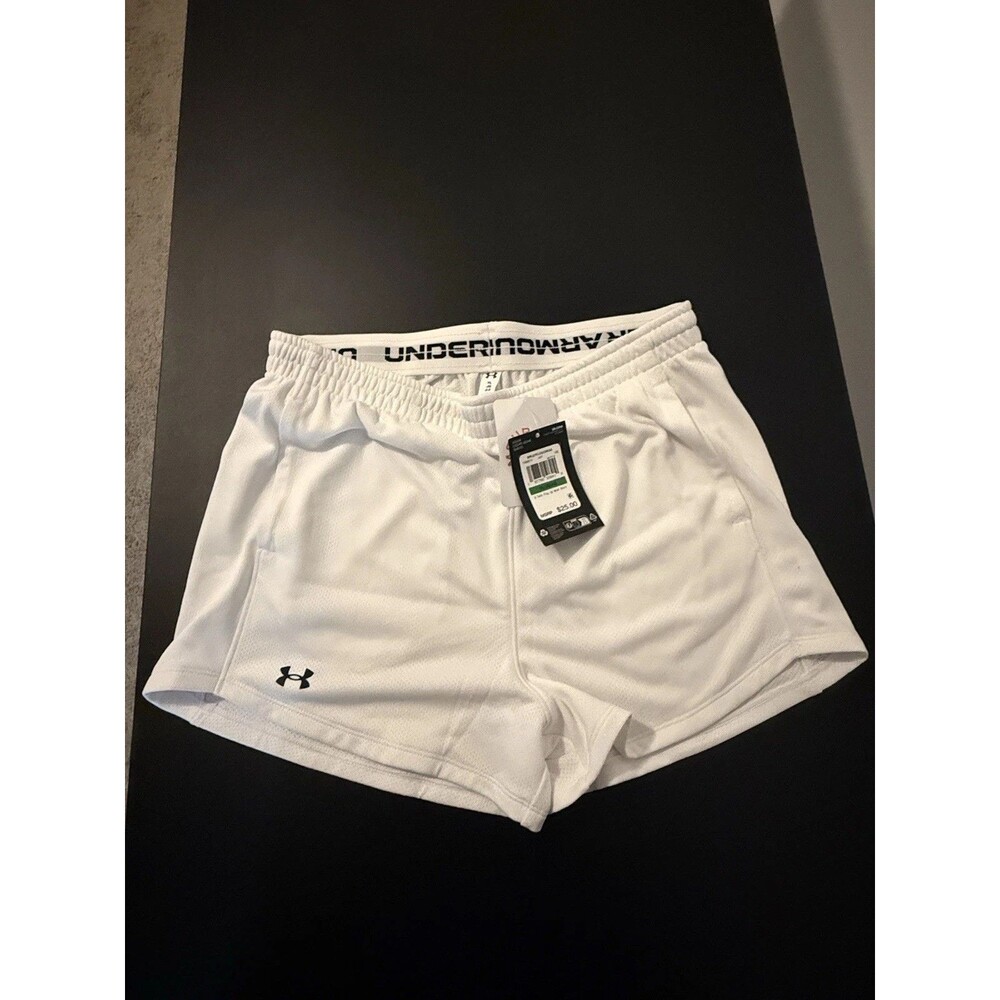 Under Armour Girls Play Up Shorts White Mesh Logo Waistband Youth Large NWT